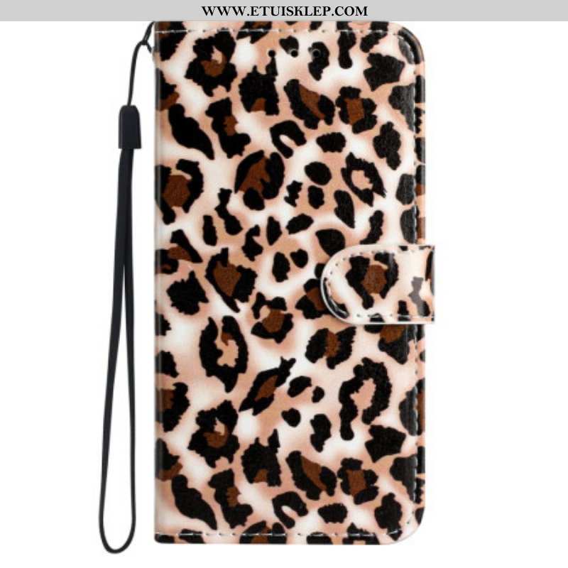 Etui Folio do Google Pixel 7A z Łańcuch Nadruk W Panterkę Na Ramiączkach